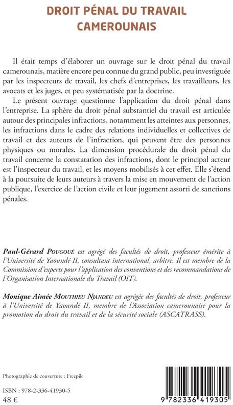 Quatrième de couverture de « DROIT PENAL DU TRAVAIL CAMEROUNAIS »