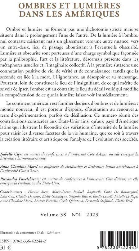 Quatrième de couverture de « OMBRES ET LUMIERES DANS LES AMERIQUES - VOL3842023 - EDITION BILINGUE »