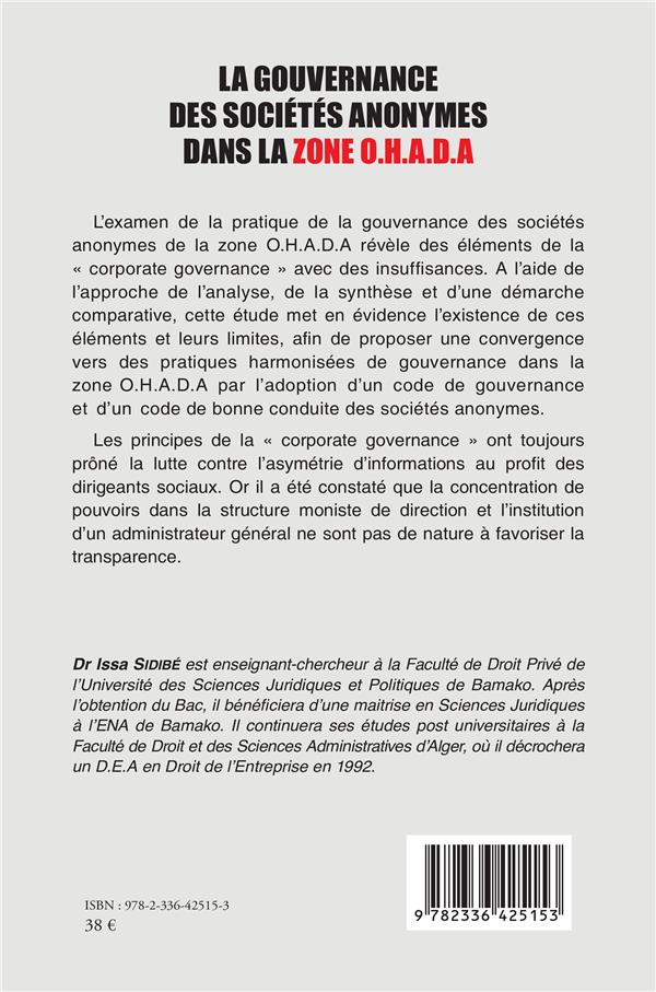 Quatrième de couverture de « LA GOUVERNANCE DES SOCIETES ANONYMES DANS LA ZONE O.H.A.D.A »