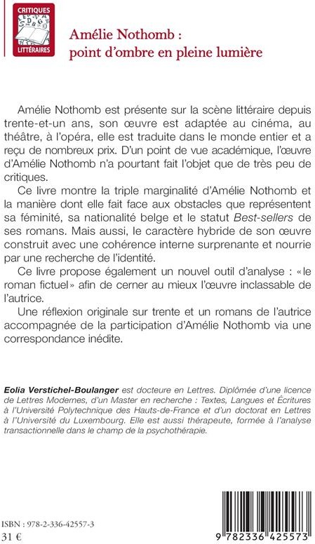 Quatrième de couverture de « AMELIE NOTHOMB : POINT D OMBRE EN PLEINE LUMIERE »