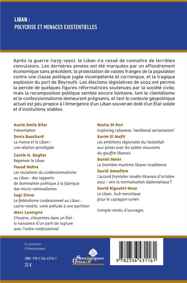 Quatrième de couverture de « LIBAN : POLYCRISE ET MENACES EXISTENTIELLES - VOL152023 »