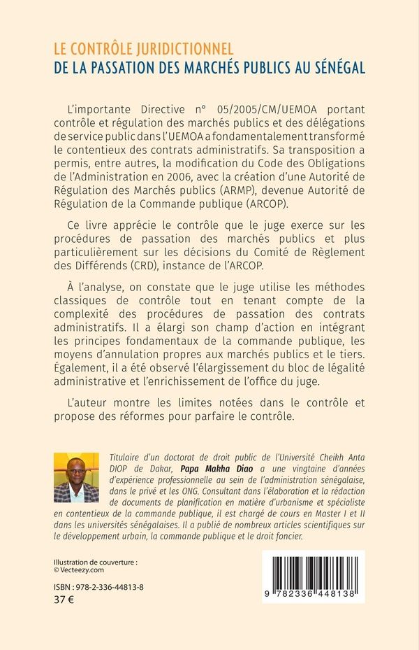 Quatrième de couverture de « LE CONTROLE JURIDICTIONNEL DE LA PASSATION DES MARCHES PUBLICS AU SENEGAL »