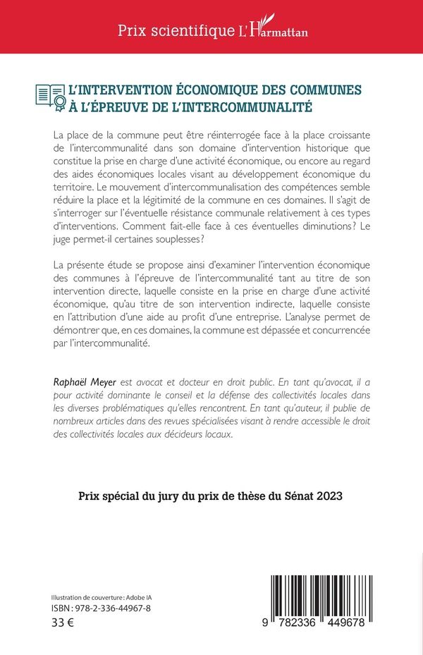 Quatrième de couverture de « L'intervention économique des communes à l'épreuve de l'intercommunalité »