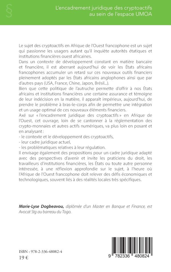 Quatrième de couverture de « L'encadrement juridique des cryptoactifs au sein de l'espace UMOA »
