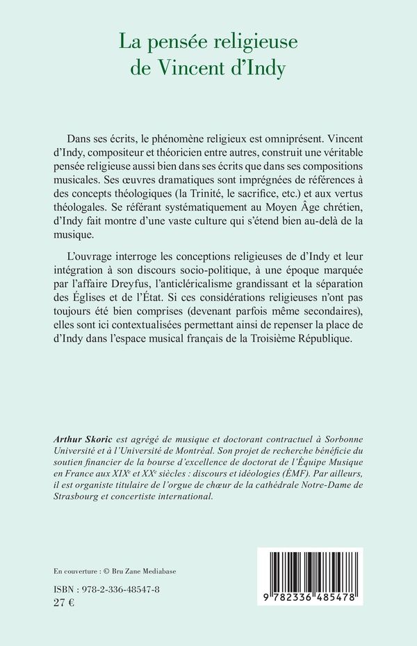 Quatrième de couverture de « La pensée religieuse de Vincent D'Indy »
