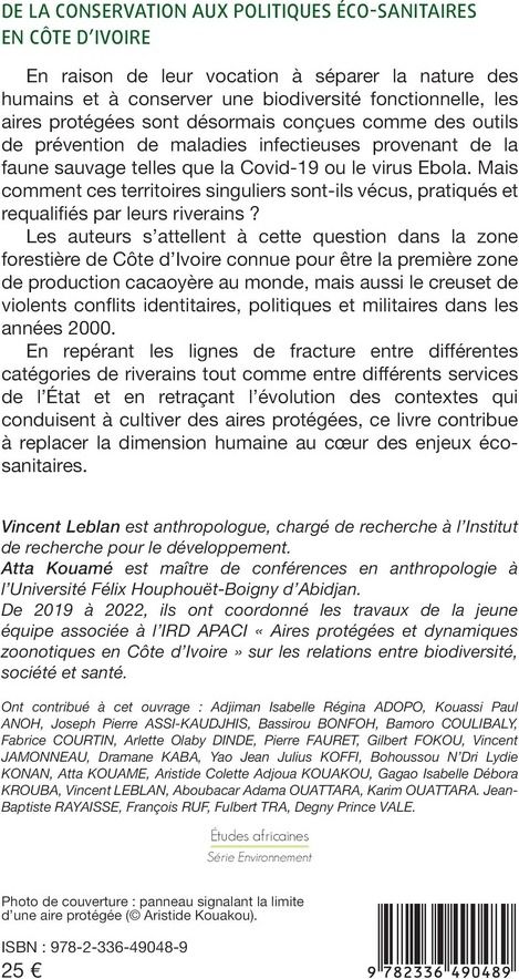 Quatrième de couverture de « De la conservation aux politiques éco-sanitaires en Côte d'Ivoire : les aires protégées de la zone forestière au XXIe siècle »