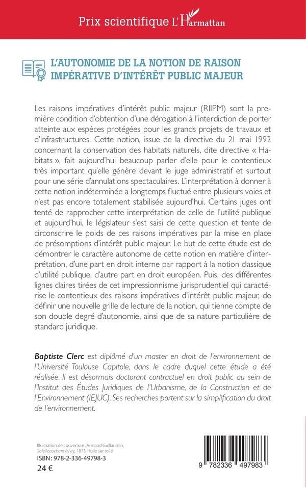 Quatrième de couverture de « L'autonomie de la notion de raison impérative d'intérêt public majeur »