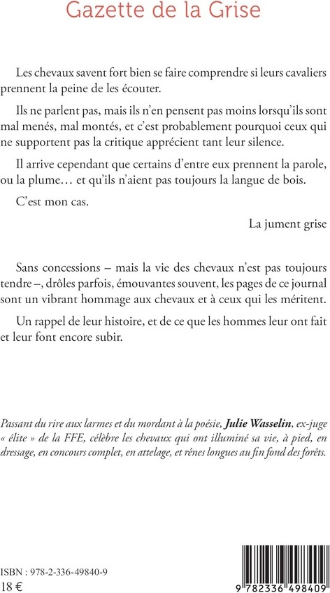 Quatrième de couverture de « GAZETTE DE LA GRISE - MEMOIRES DUNE JUMENT »
