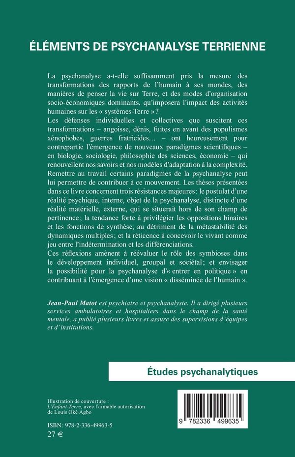 Quatrième de couverture de « Éléments de psychanalyse terrienne : penser l'inconnu anthropocène »