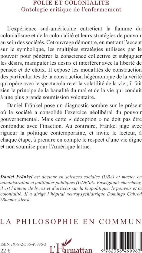Quatrième de couverture de « Folie et colonialité : ontologie critique de l'enfermement »