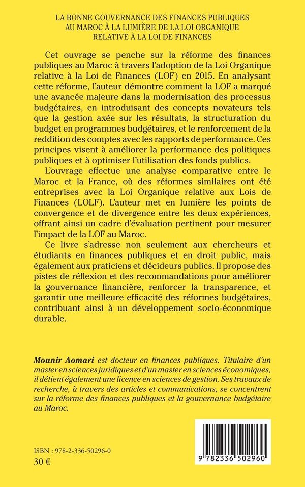 Quatrième de couverture de « La bonne gouvernance des finances publiques au Maroc à la lumière de la loi organique relative à la loi de finances »