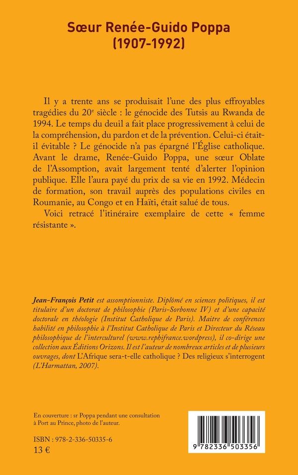 Quatrième de couverture de « Soeur Renée-Guido Poppa, 1907-1992 : médecin et martyre au Rwanda »