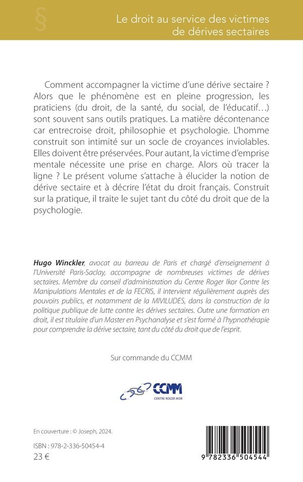 Quatrième de couverture de « Le droit au service des victimes de dérives sectaires »