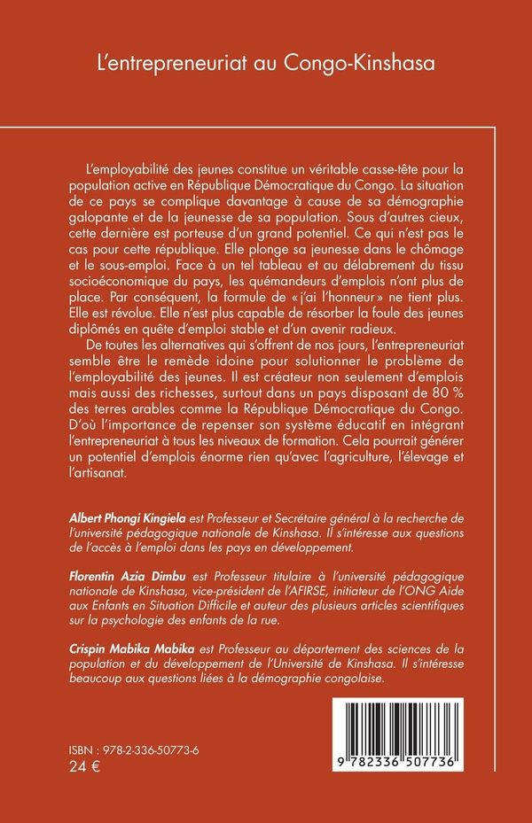 Quatrième de couverture de « L'entrepreneuriat au Congo-Kinshasa : gage de l'employabilité des jeunes »