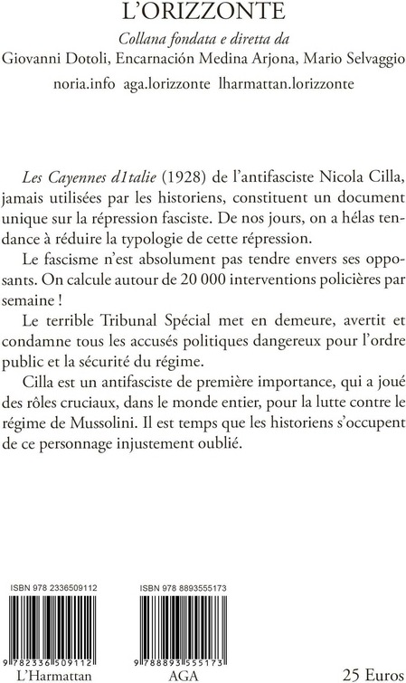 Quatrième de couverture de « LES CAYENNES D'ITALIE DE NICOLA CILLA - UN DOCUMENT ANTIFASCISTE EXCEPTIONNEL »