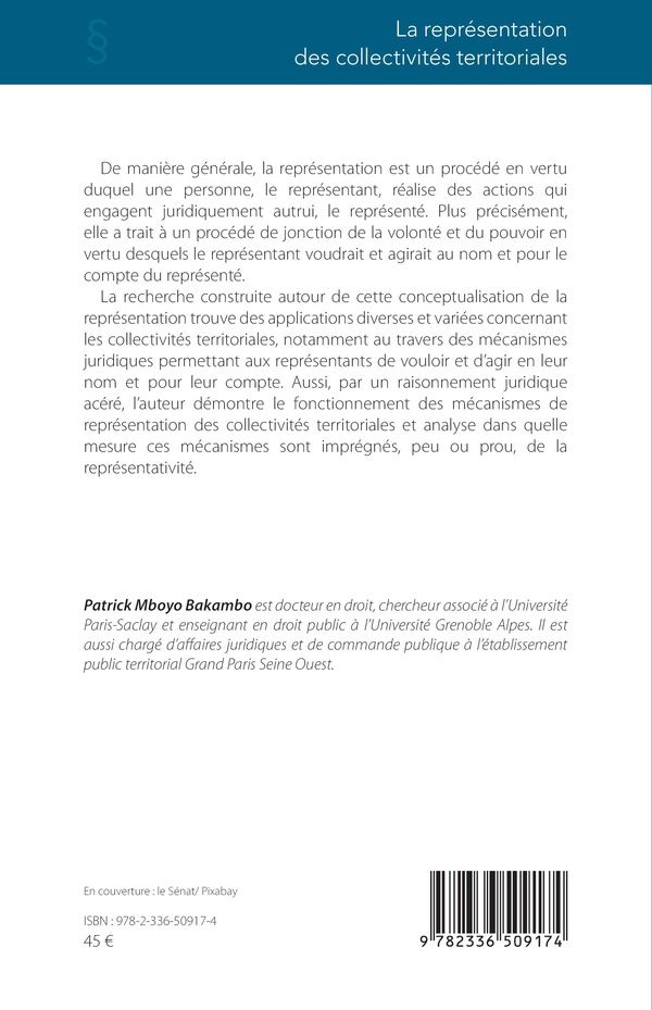 Quatrième de couverture de « La représentation des collectivités territoriales »