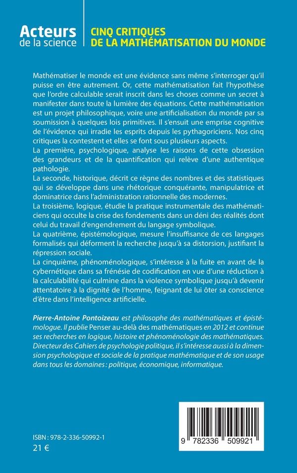 Quatrième de couverture de « Cinq critiques de la mathématisation du monde »