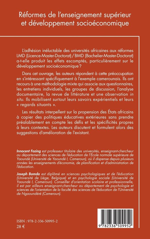 Quatrième de couverture de « Réformes de l'enseignement supérieur et développement socioéconomique : les réformes LMD-BMD au Cameroun »