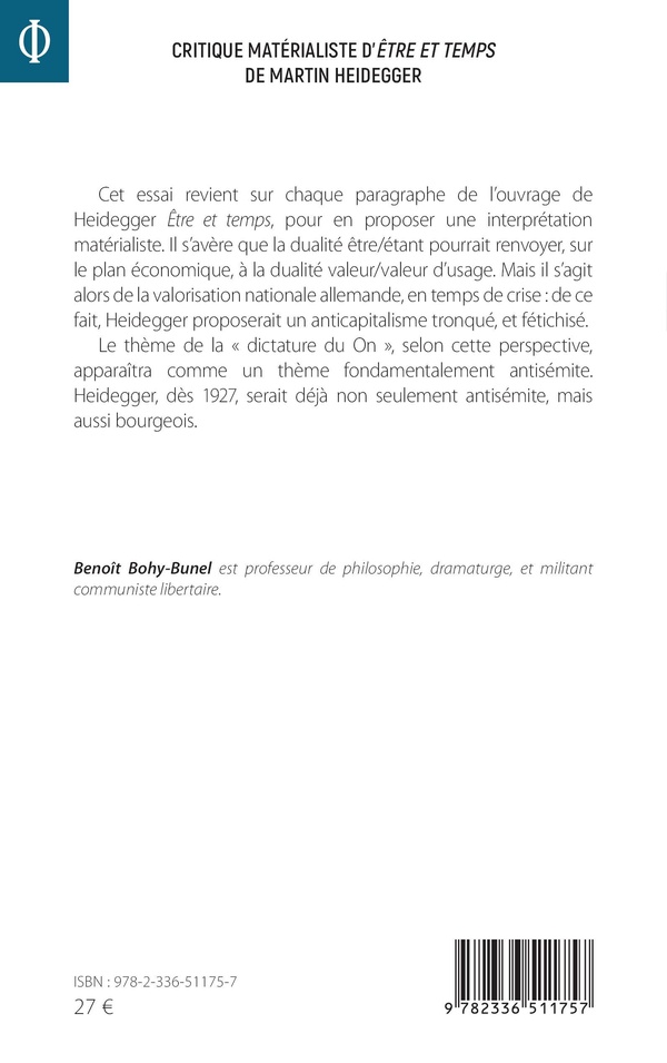 Quatrième de couverture de « Critique matérialiste d'"Être et temps" de Martin Heidegger »