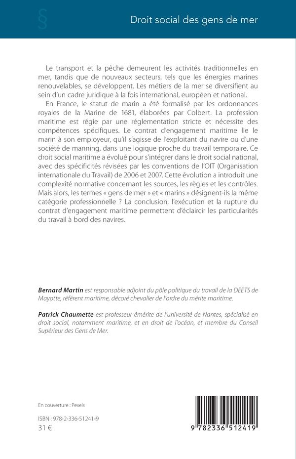 Quatrième de couverture de « Droit social des gens de mer »