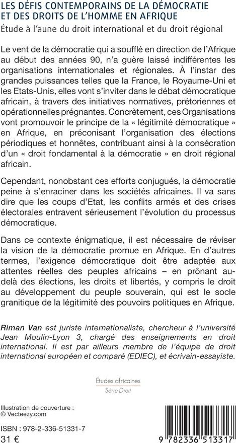 Quatrième de couverture de « Les défis contemporains de la démocratie et des droits de l'homme en Afrique : étude à l'aune du droit international et du droit régional »