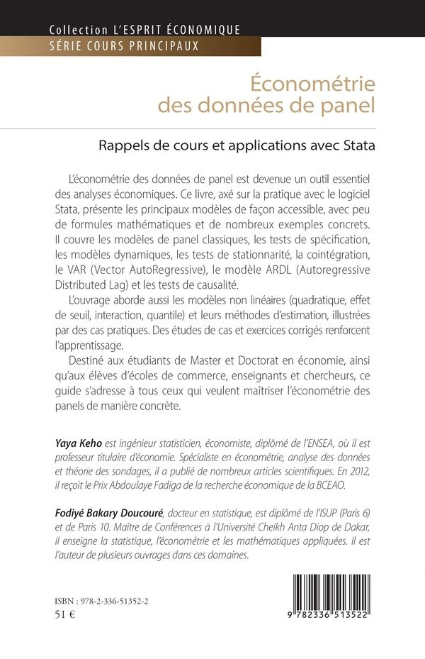 Quatrième de couverture de « Économétrie des données de panel : rappels de cours et applications avec Stata »