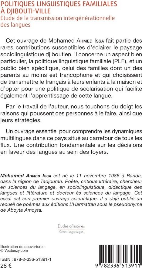 Quatrième de couverture de « Politiques linguistiques familiales à Djibouti-ville : étude de la transmission intergénérationnelle des langues »