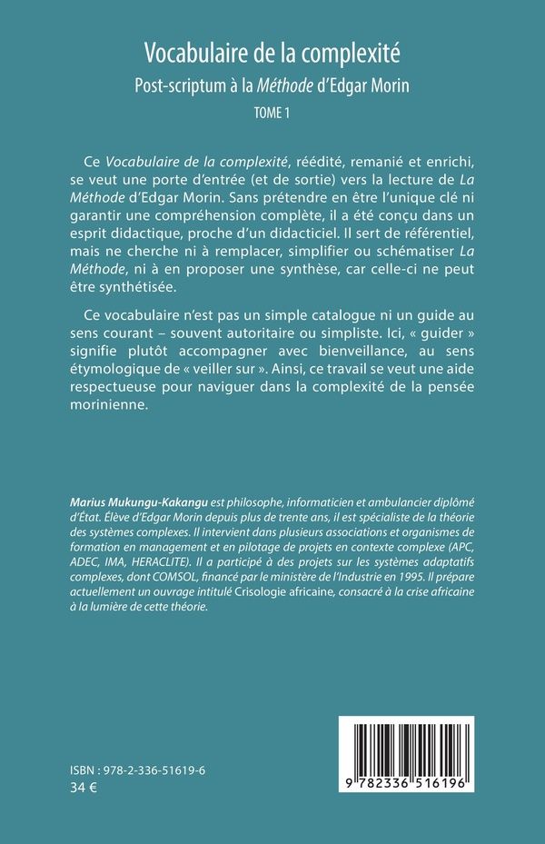 Quatrième de couverture de « Vocabulaire de la complexité : post-scriptum à "La méthode" d'Edgar Morin »