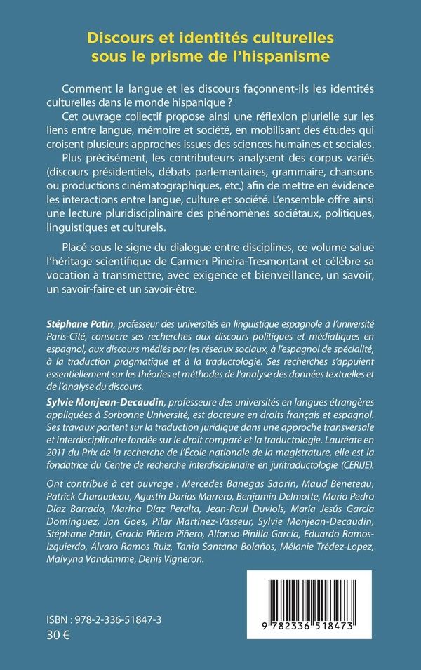 Quatrième de couverture de « Discours et identités culturelles sous le prisme de l'hispanisme : Perspectives plurielles »