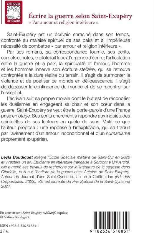 Quatrième de couverture de « Écrire la guerre selon Saint-Exupéry : "par amour et religion intérieure" »