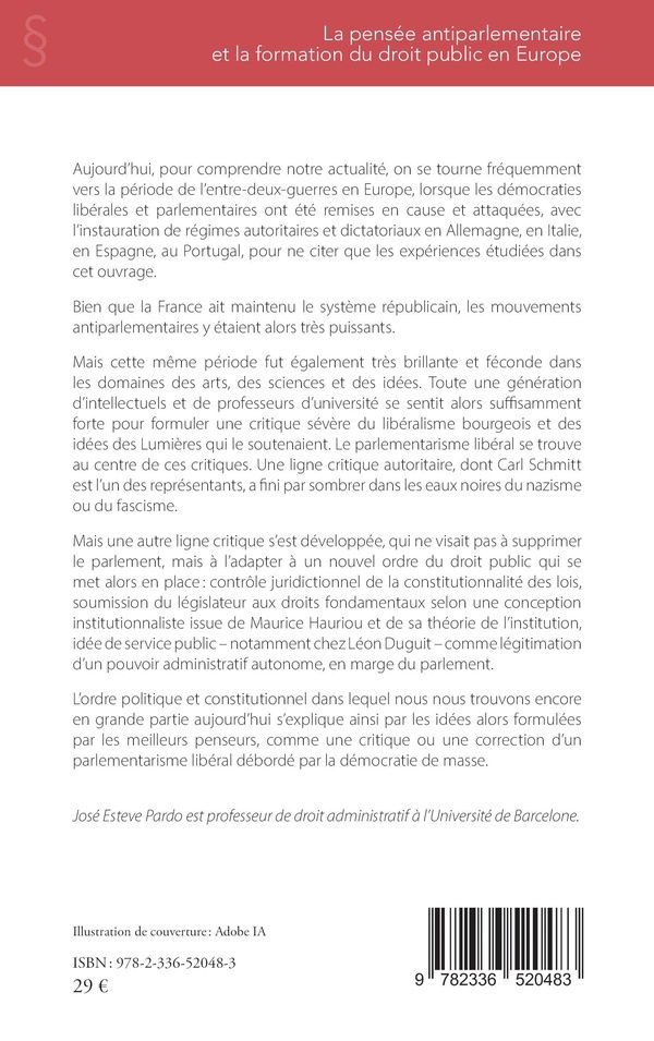 Quatrième de couverture de « La pensée antiparlementaire et la formation du droit public en Europe »