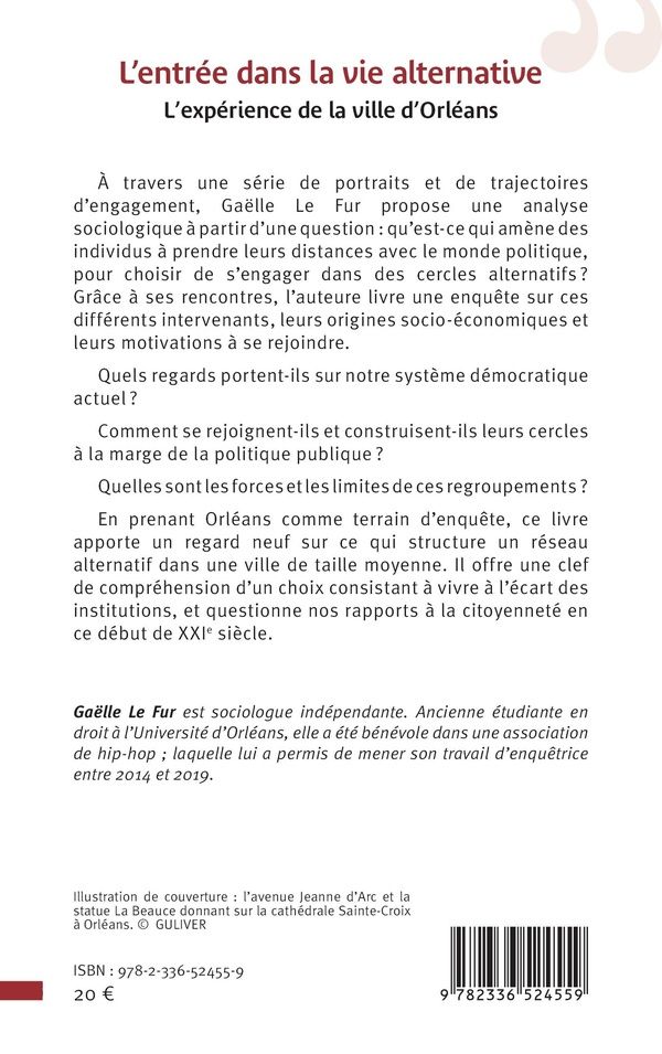 Quatrième de couverture de « L'entrée dans la vie alternative : l'expérience de la ville d'Orléans »
