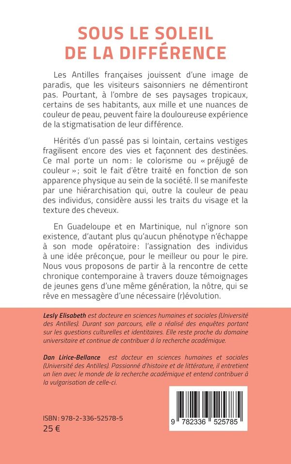 Quatrième de couverture de « Sous le soleil de la différence : chroniques du colorisme aux Antilles françaises »