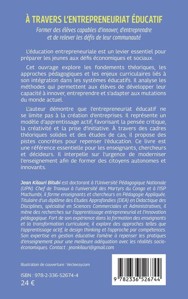 Quatrième de couverture de « À travers l'entrepreunariat éducatif : former des élèves capables d'innover, d'entreprendre et de relever les défis de leur communauté »