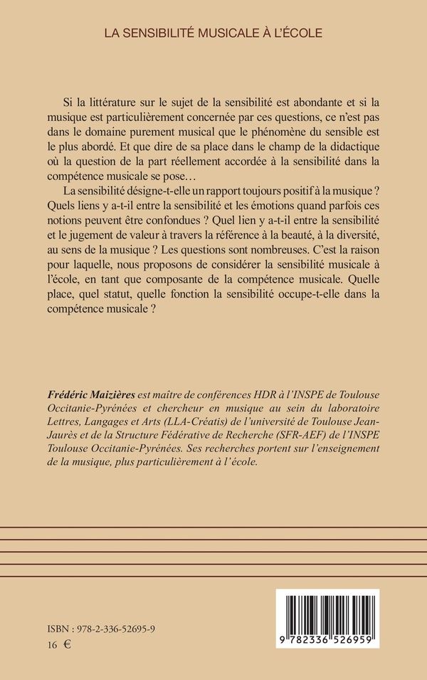 Quatrième de couverture de « La sensibilité musicale à l'école : composante de la compétence musicale »
