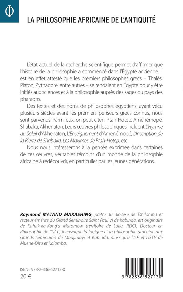 Quatrième de couverture de « La philosophie africaine de l'Antiquité »