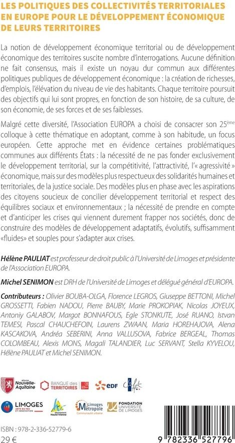Quatrième de couverture de « Les politiques des collectivités territoriales en Europe pour le développement économique de leurs territoires »