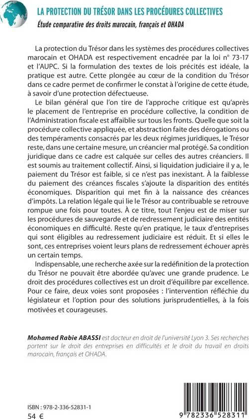 Quatrième de couverture de « La protection du trésor dans les procédures collectives : Étude comparative des droits marocain, français et OHADA »