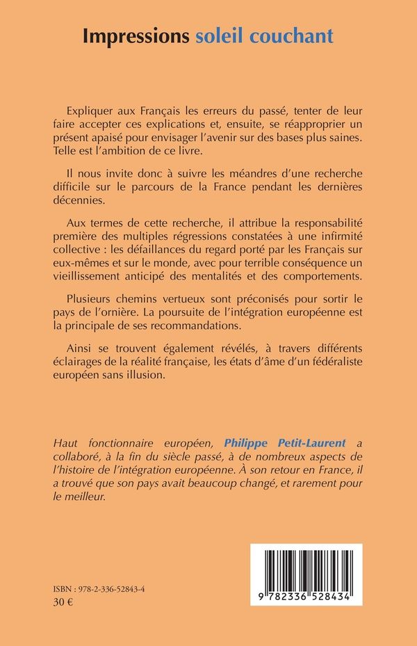 Quatrième de couverture de « Impressions soleil couchant : essai sur le déclin de la France »