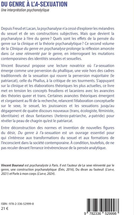 Quatrième de couverture de « Du genre à l'a-sexuation : Une interprétation psychanalytique »