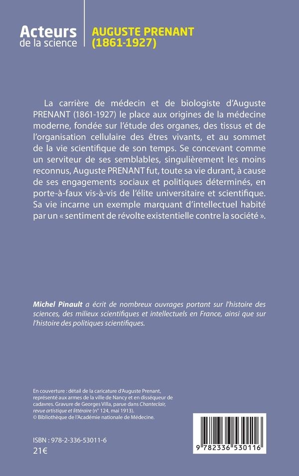 Quatrième de couverture de « Auguste Prenant, 1861-1927 : itinéraires d'engagement d'un médecin d'avant-garde »