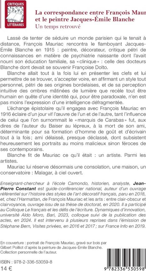 Quatrième de couverture de « La correspondance entre François Mauriac et le peintre Jacques-Émile Blanche : un temps retrouvé »