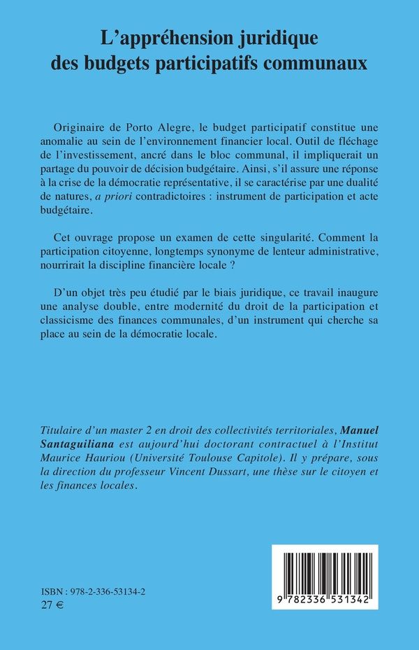 Quatrième de couverture de « L'appréhension juridique des budgets participatifs communaux »