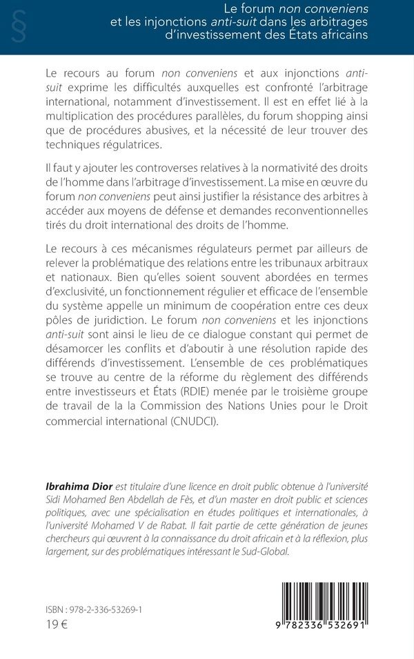 Quatrième de couverture de « Le forum non conveniens et les injonctions anti-suit dans les arbitrages d'investissement des États africains »