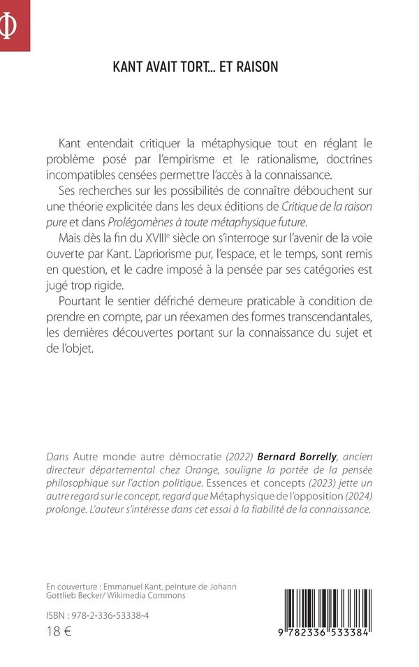 Quatrième de couverture de « Kant avait tort et raison : du chemin d'accès à la connaissance »