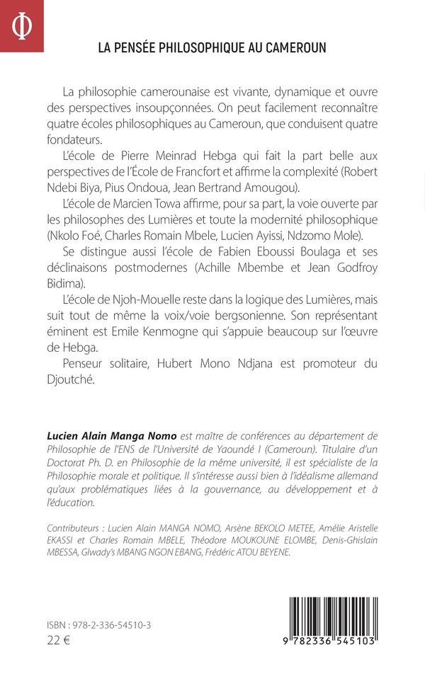 Quatrième de couverture de « La pensée philosophique au Cameroun : Towa, Fouda, Njoh-Mouelle, Eboussi, Tangwa, Mono Ndjana »