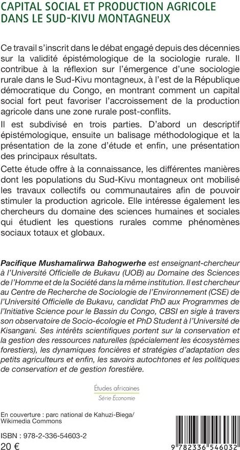 Quatrième de couverture de « Capital social et production agricole dans le sud-kivu montagneux : Une étude appliquée aux populations riveraines des forêts dans la Chefferie de Kabare »