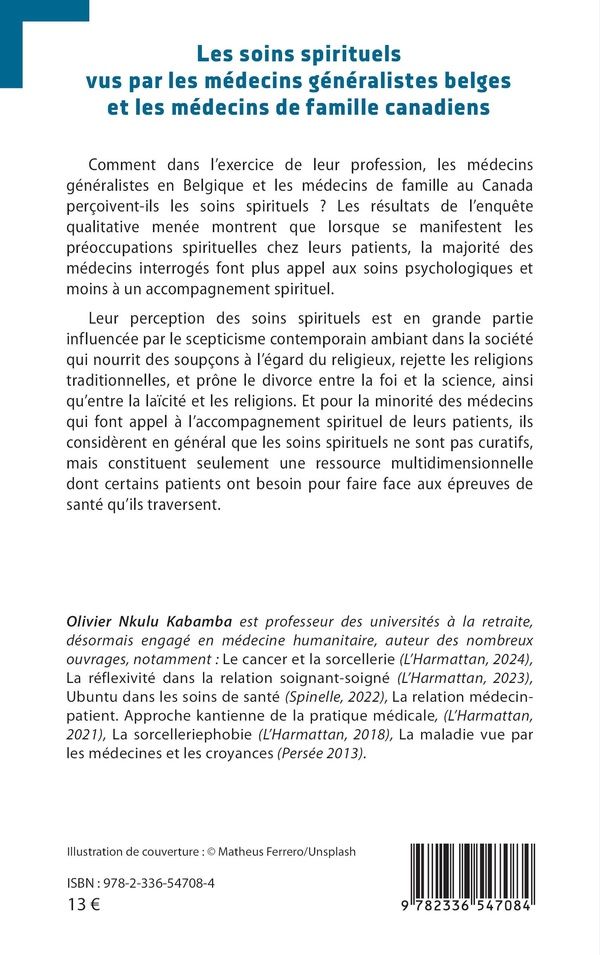 Quatrième de couverture de « Les soins spirituels vus par les médecins généralistes belges et les médecins de famille canadiens : enquête qualitative »