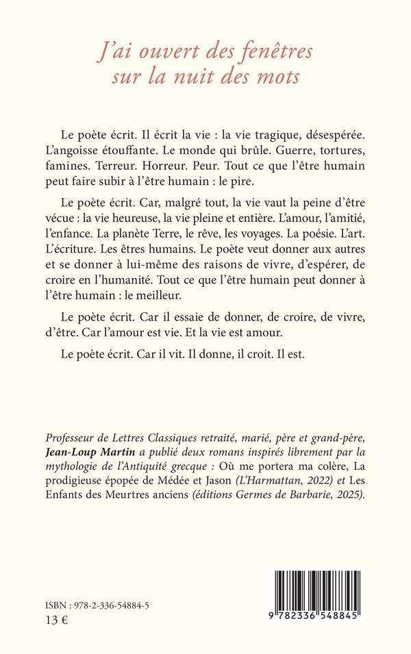 Quatrième de couverture de « J'ai ouvert des fenêtres sur la nuit des mots »