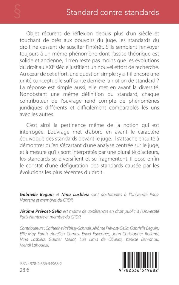 Quatrième de couverture de « Standard contre standards : réflexions sur une catégorie juridique en droit public »